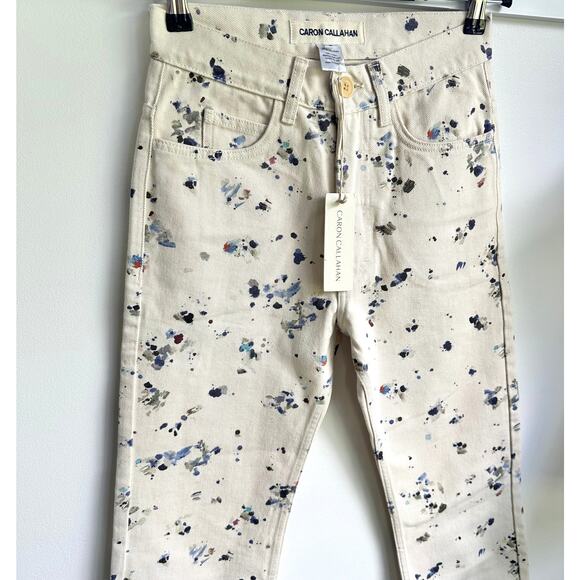Caron Callahan NWT Stewart Khaki Painter Print Sz 0 Straight Wide Leg Jeans Pant - Picture 6 of 13
